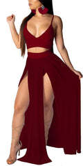 Women Sexy 2 Piece Chiffon Outfit - Deep V Bra Crop Top Set