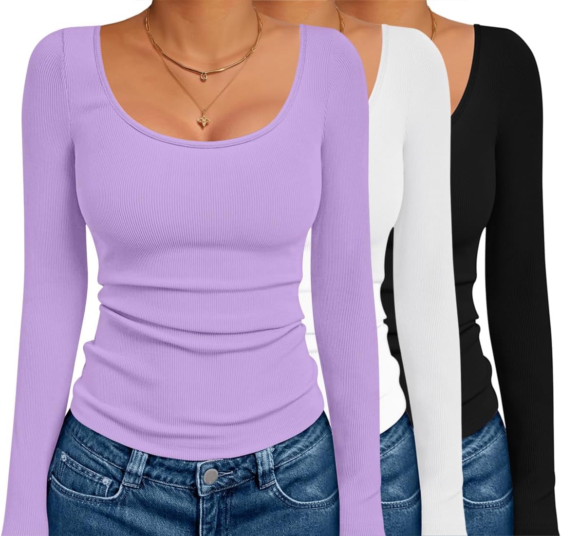 Ekouaer Long Sleeve Shirts for Women Scoop Neck Ribbed Tops