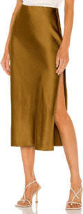 Womens Satin Silk High Waist Slit Midi Skirt - Flattering Smooth Midi