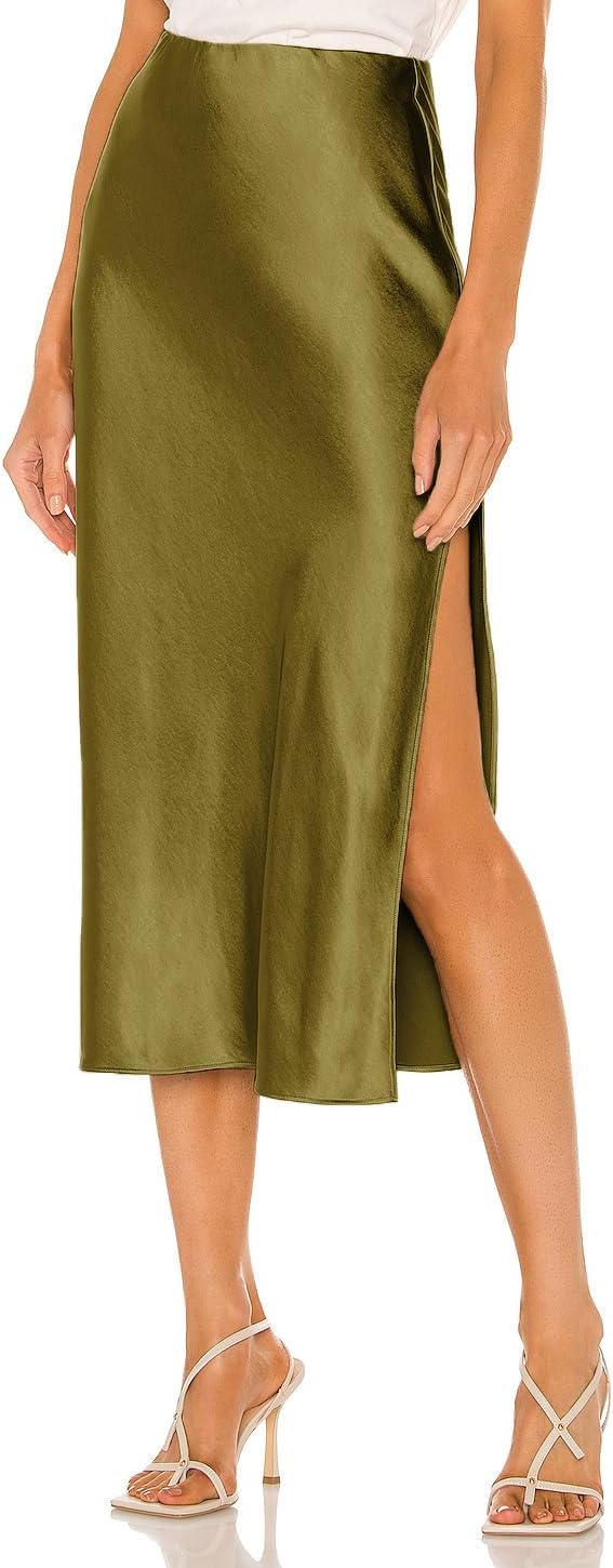 Womens Satin Silk High Waist Slit Midi Skirt for Every Occasion