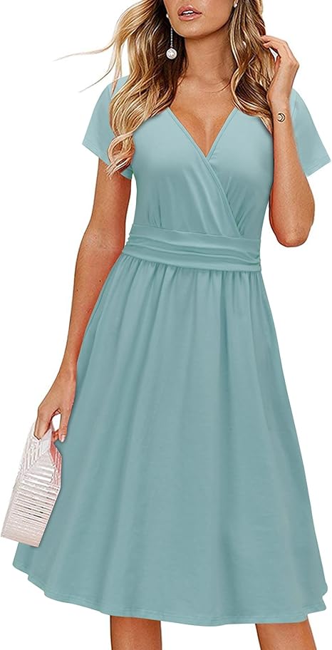 OUGES Women's Summer Short Sleeve V-Neck Floral Dress with Pockets