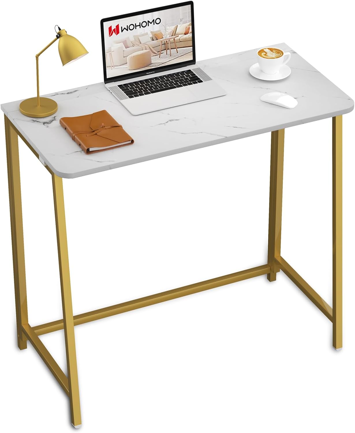 Faux Marble Folding Desk for Small Spaces with Gold Legs