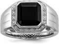 Men's 925 Sterling Silver Diamond and Black Onyx Square Ring - Classic
