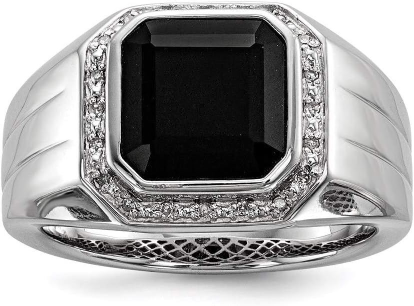Men's 925 Sterling Silver Diamond and Black Onyx Square Ring