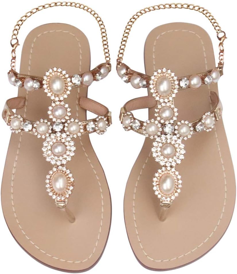 AIJIVOU Women's Rhinestone Flat Sandals for Summer Beach Fun