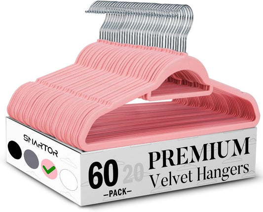 Smartor Pink Velvet Hangers 60 Pack for Space Saving Closets