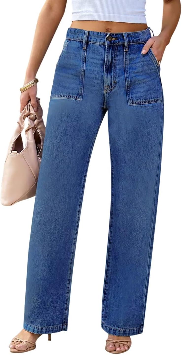 Womens Wide Leg Jeans High Waisted Carpenter Cargo Casual Style