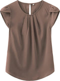 Womens Chiffon Pleated Cap Sleeve Blouse - Casual Round Neck