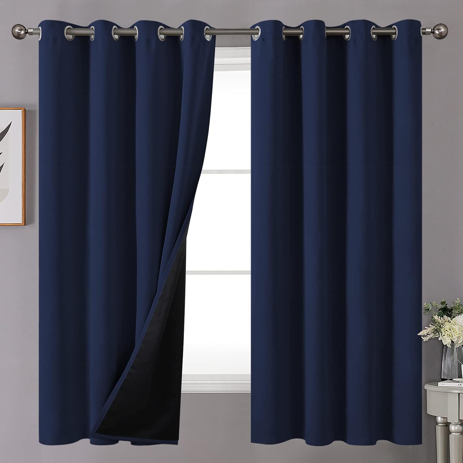 YoungsTex Navy Blue 100% Blackout Curtains for Bedroom 52 X 63