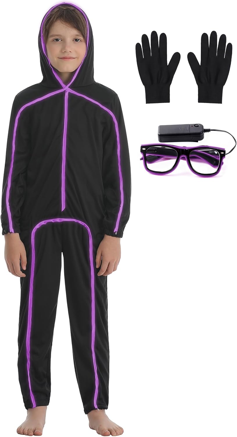 Stick Figure Costume Kids Jumpsuit with Light Up Glasses