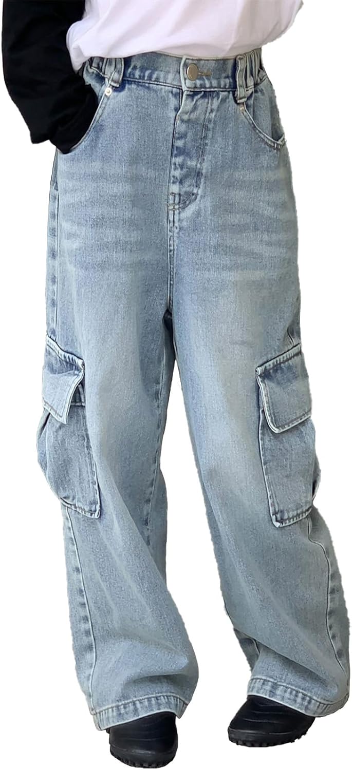 Rolanko Girls Jeans Denim Elastic Waist Wide Leg Baggy Pants