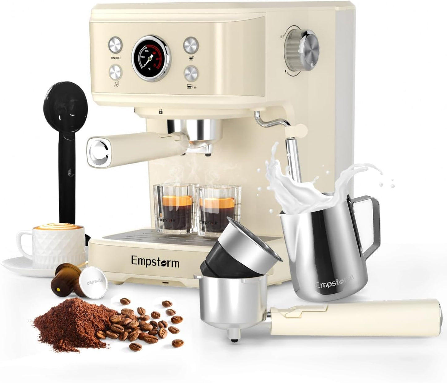 Empstorm 2-in-1 Espresso & Cappuccino Maker - 20 Bar, Milk Frother