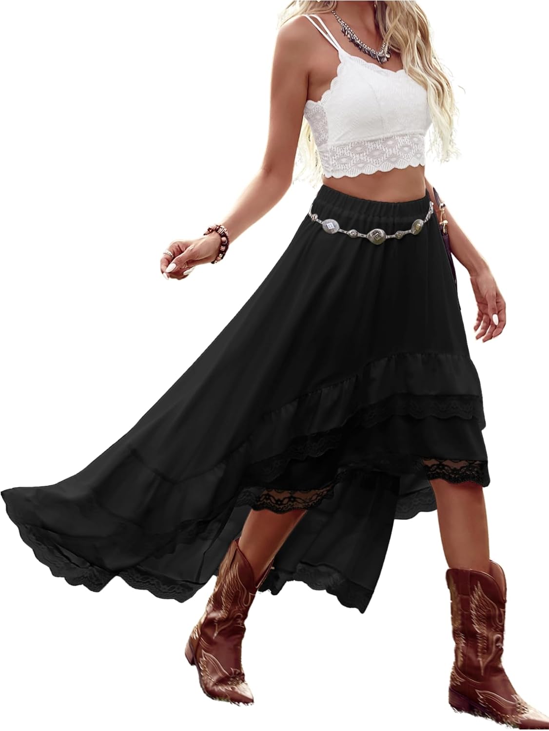 Verdusa Women's Boho Lace Ruffle Skirt for Country Concerts