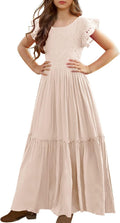 Girls Lace Flower Ruffle Sleeve A-Line Maxi Dress - Photo-Ready Shoes