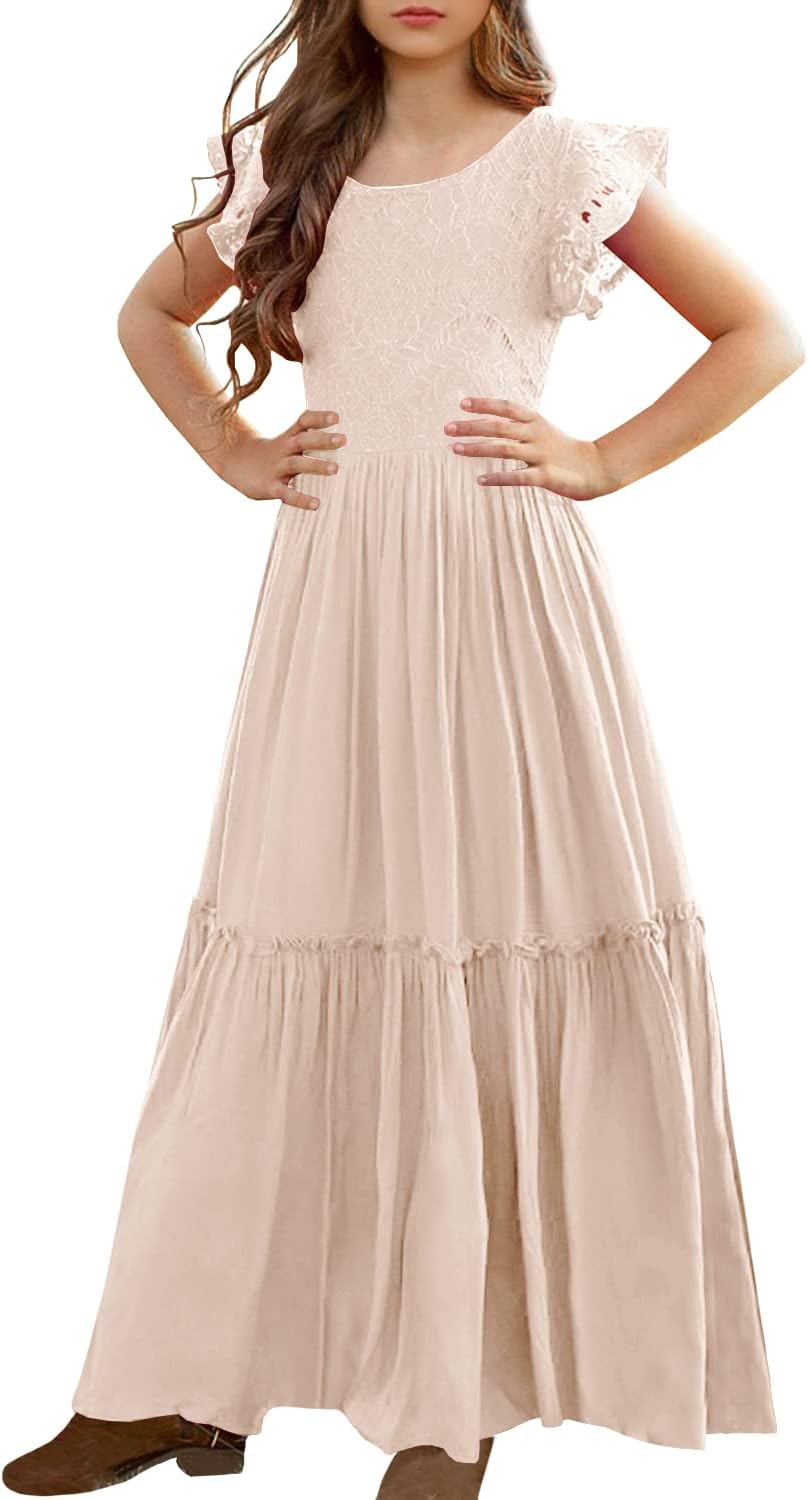 MITILLY Girls Lace Flower Ruffle Sleeve A-Line Maxi Dress