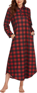 Women's Cotton Plaid Nightgown Long Sleeve Sleep Shirt - Warm & Soft