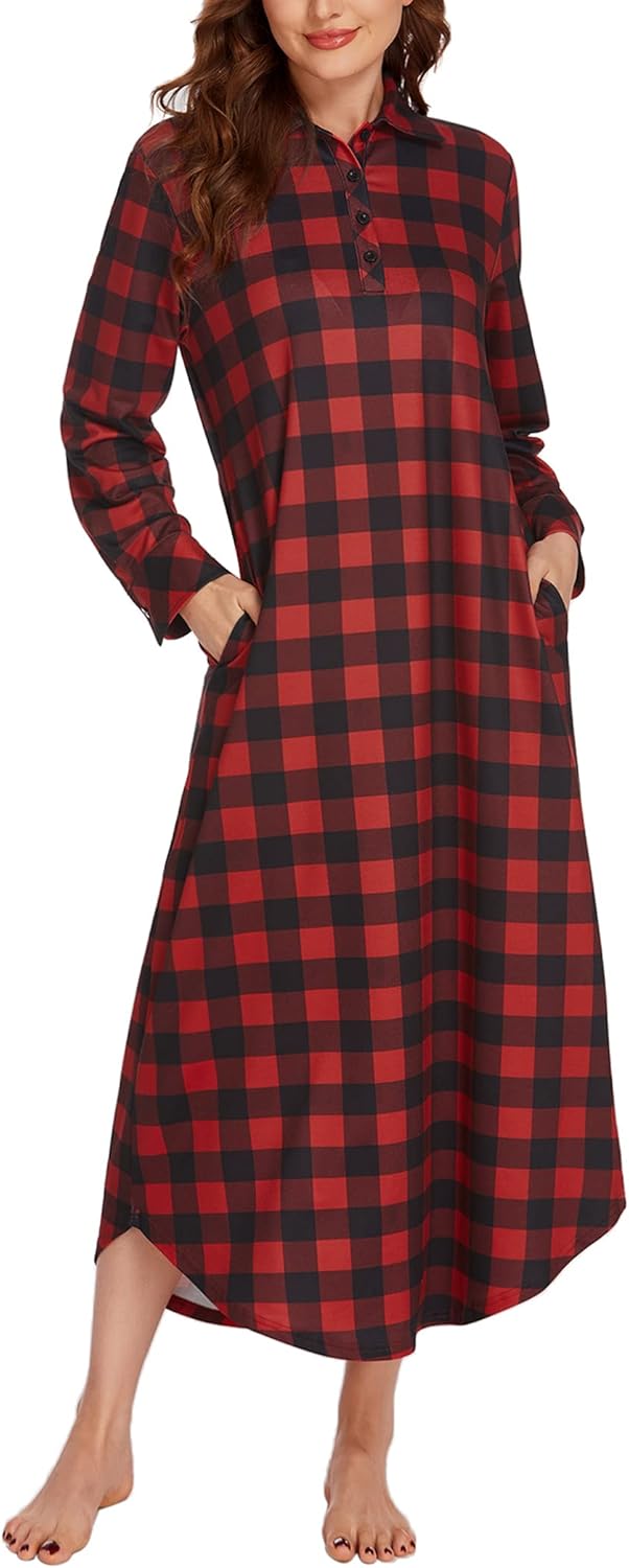 Ekouaer Women's Cotton Nightgown Long Sleeve Plaid Sleepwear