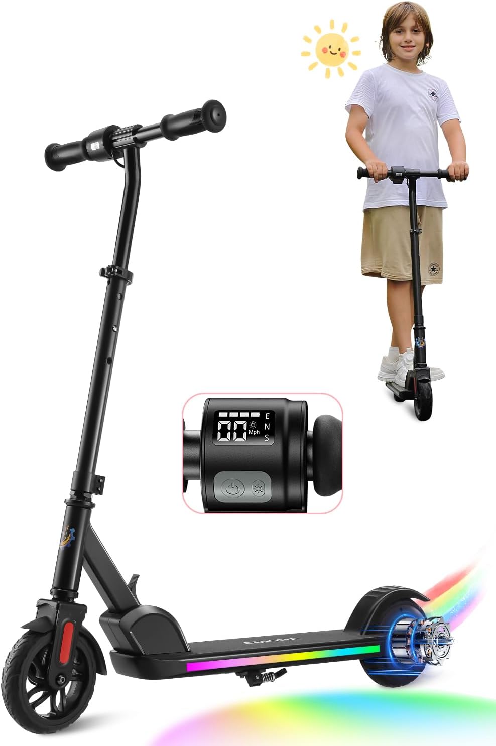 Caroma Electric Scooter for Kids Ages 6-14 with Colorful Lights