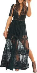 Eleter Women's Deep V-Neck Lace Romper Long Flowy Dress - Boho