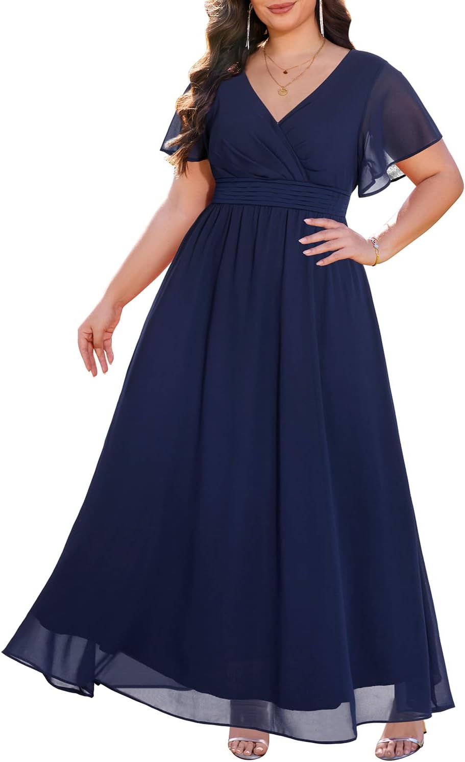 Plus Size Formal Dresses with V Neck Flutter Sleeve Design