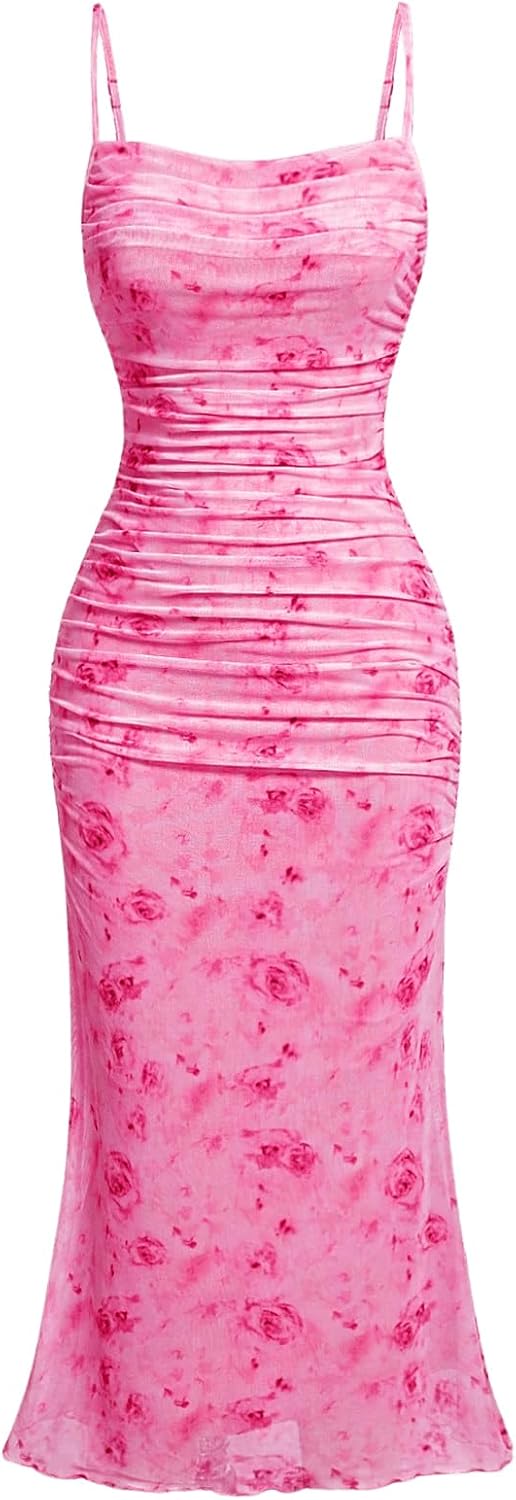 GORGLITTER Women's Floral Ruched Bodycon Midi Dress for All Occasions