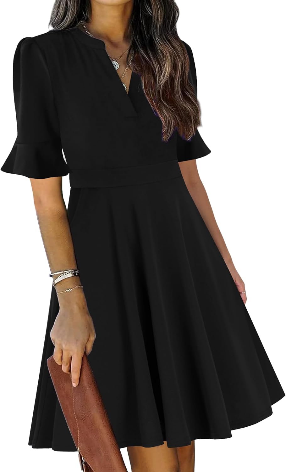 Mokayee Womens Summer V Neck Ruffle Short Sleeve Dress