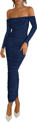 Off Shoulder Mesh Ruched Maxi Dress - Elegant Wedding Guest Look