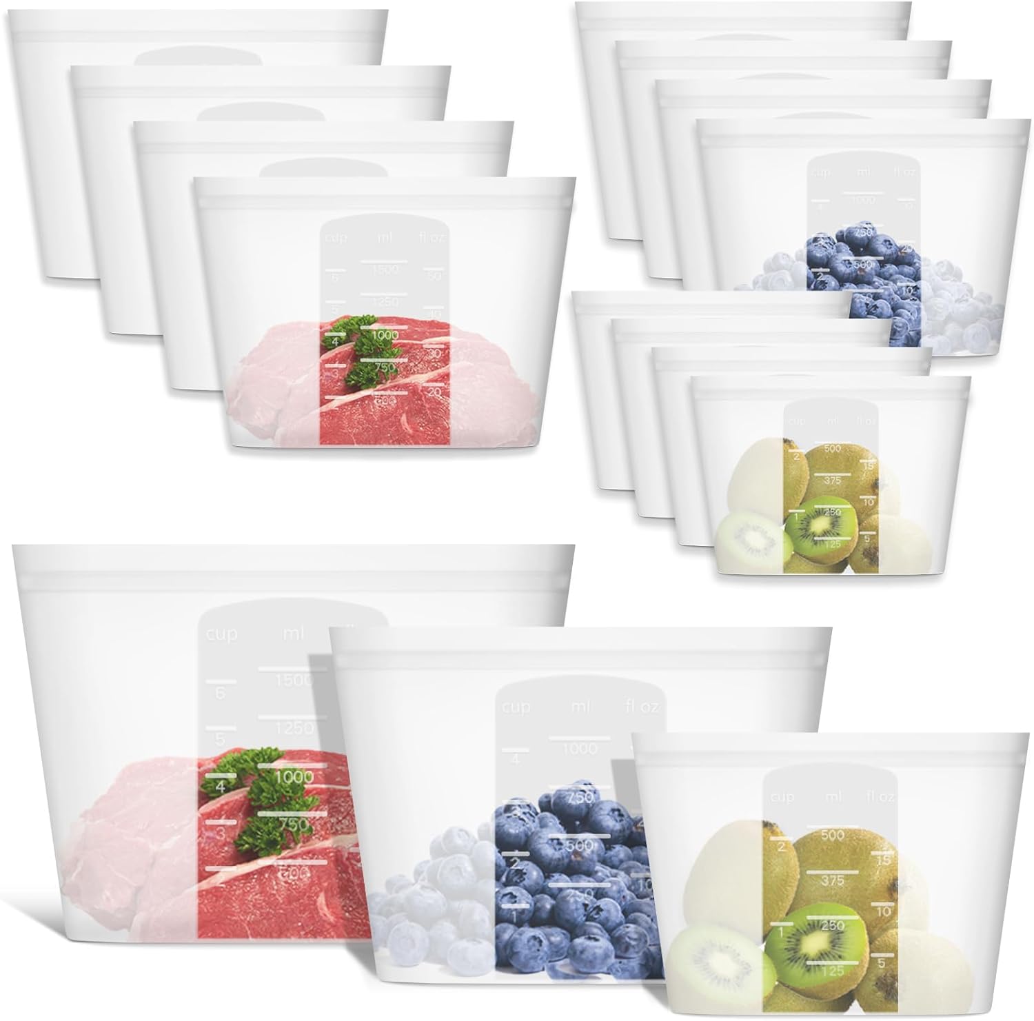 Reusable Silicone Storage Bags for Food - 12 Pack Set