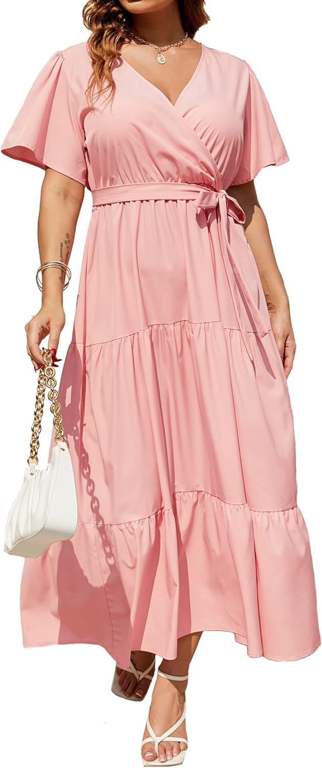 Plus Size V Neck Wrap Maxi Dress for Women with Ruffle Sleeves