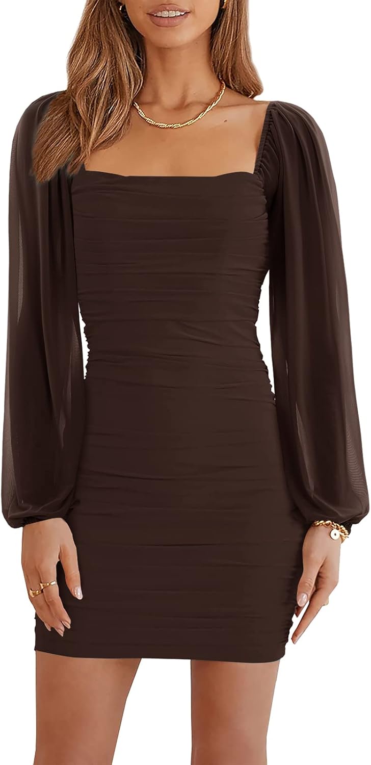 Wenrine Women's Mesh Long Sleeve Square Neck Bodycon Dress
