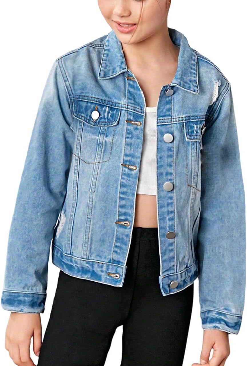 WDIRARA Girl's Ripped Flap Pocket Button Front Denim Jacket