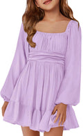 Girls Long Sleeve Tie Back Dress A-Line Mini for Ages 5-14 - Retro