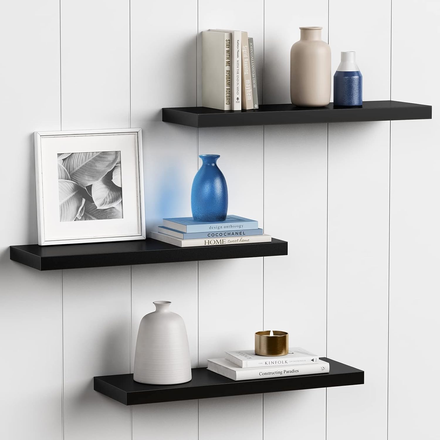 24 Inch Long Black Floating Shelves for Wall - Set of 3