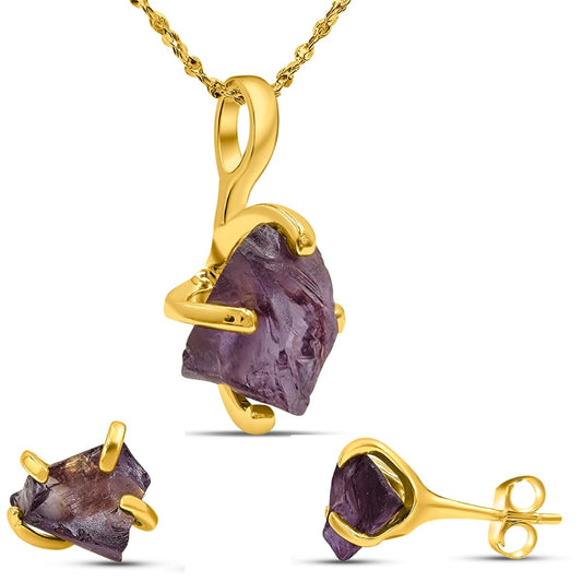 Real Raw Alexandrite Gemstone Jewelry Set in Gold Plated Silver
