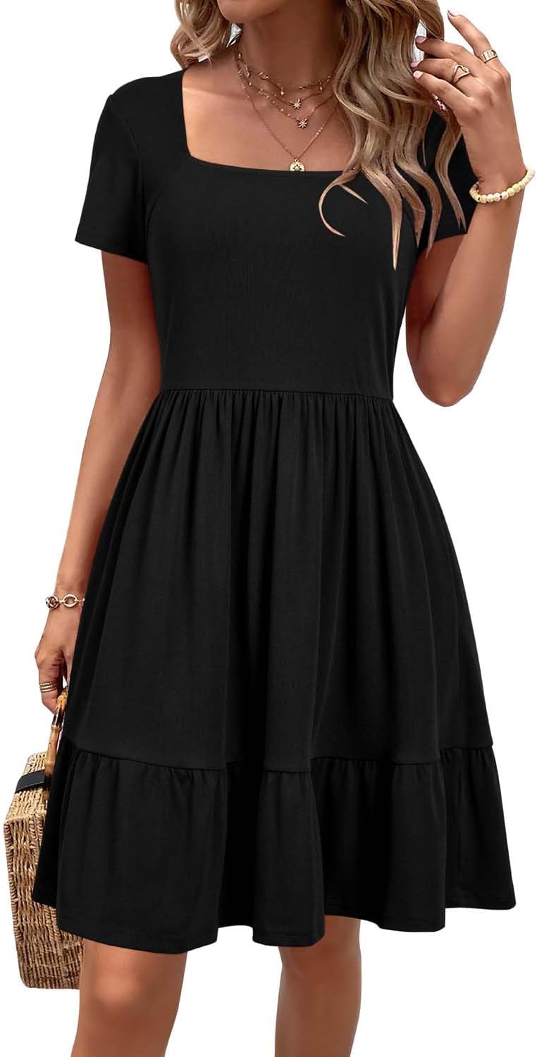 Newshows Women Summer Dress Square Neck Short Sleeve Sundress