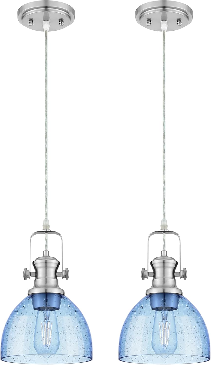 Vintage Pendant Lights for Kitchen Island with Blue Glass Shade