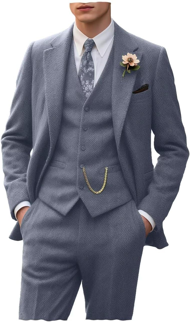 Retro Tweed Men's Suit 3 Piece Slim Fit Herringbone Tuxedo Set