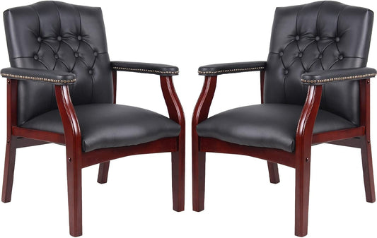 Black Leather Office Chairs Set of 2 - Ergonomic Guest Chairs