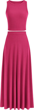 Women's 2 Piece Maxi Skirt Set - Casual Knit Crop Top & High Waist