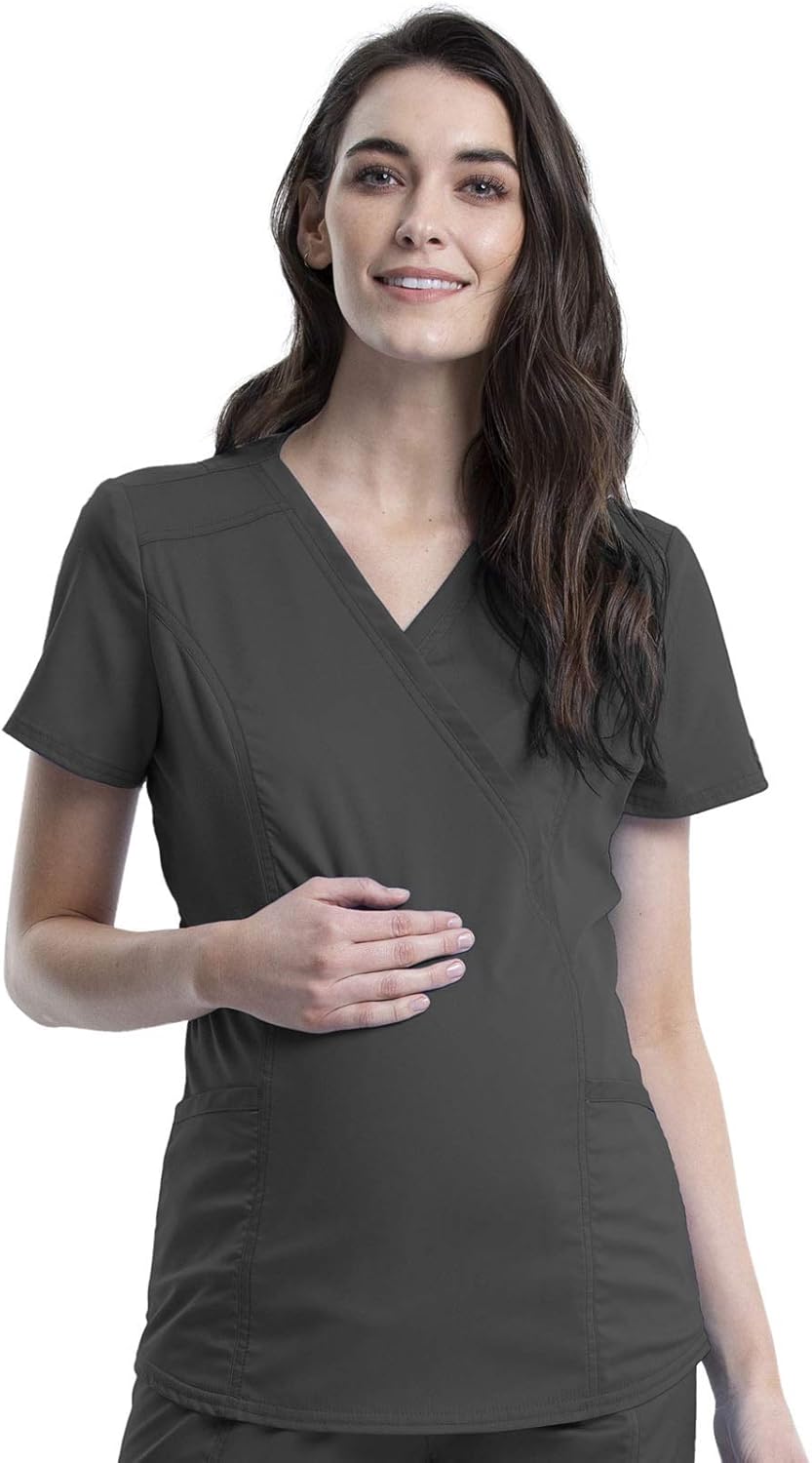 Cherokee Maternity Scrub Top Mock Wrap with 2 Pockets for Comfort