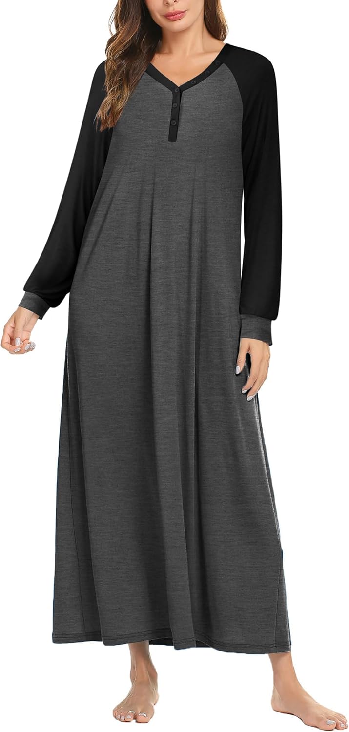 Ekouaer Nightgown Long Sleeve V Neck Loungewear for Comfort