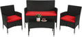 FDW Rattan Wicker Patio Bistro Set with Red Cushions - Compact 4-Piece