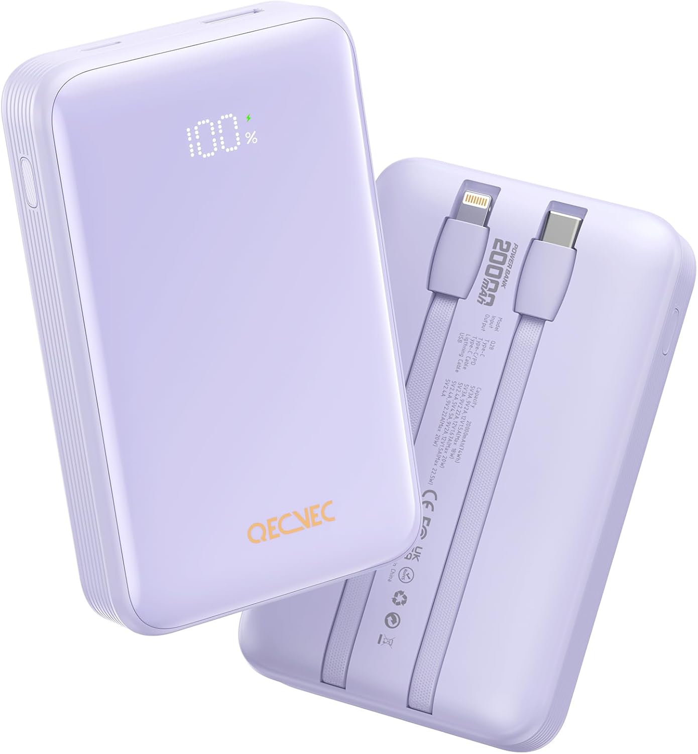 22.5w Fast Charge Power Bank, 20000mAh, LED Display, 2 Cables - Purple - Qecvec