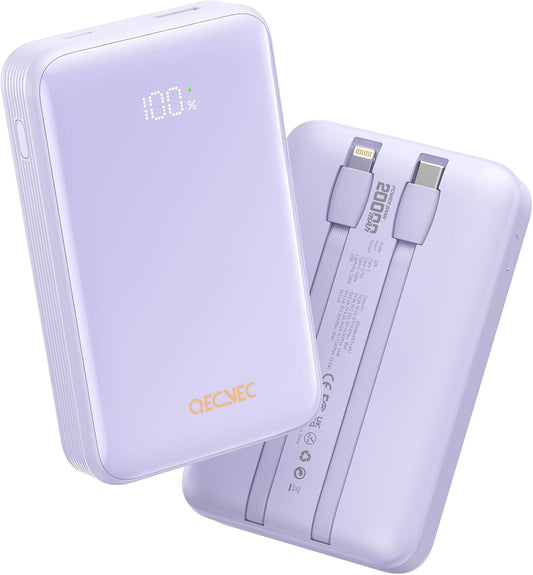 22.5w Fast Charge Power Bank, 20000mAh, LED Display, 2 Cables - Purple - Qecvec