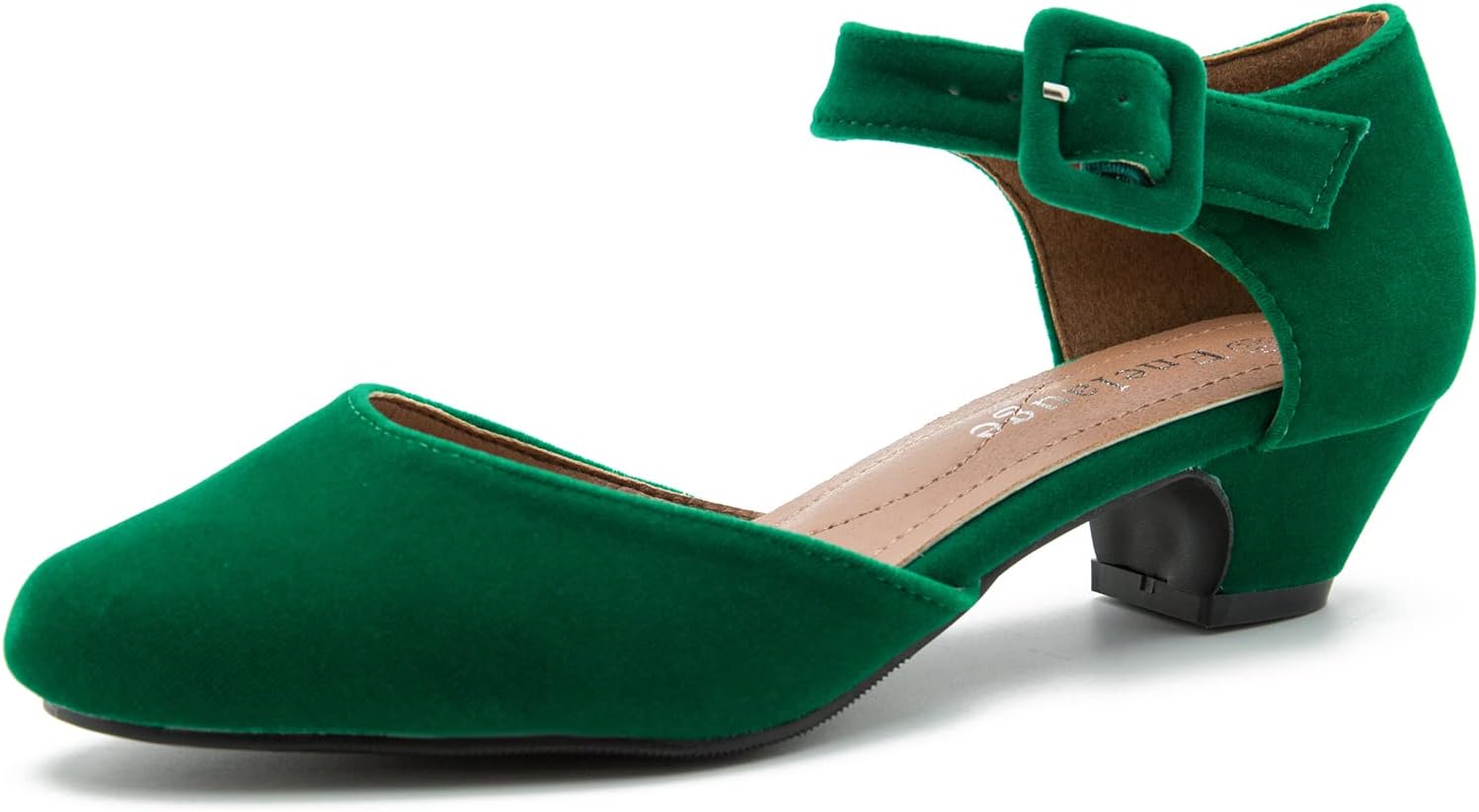 Enelauge Women's Ankle Strap Closed Toe Low Chunky Heel Pumps