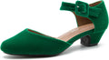 Women Green Ankle Strap Low Chunky Heel Pumps - Comfortable Work Dress
