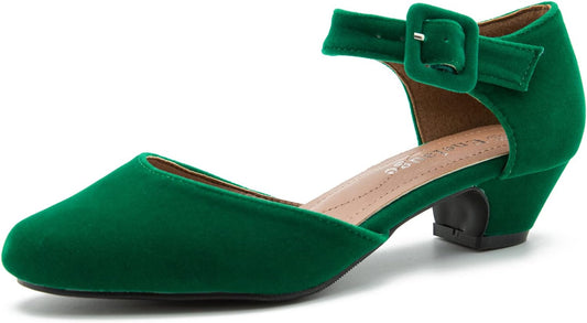 Enelauge Women's Ankle Strap Closed Toe Low Chunky Heel Pumps