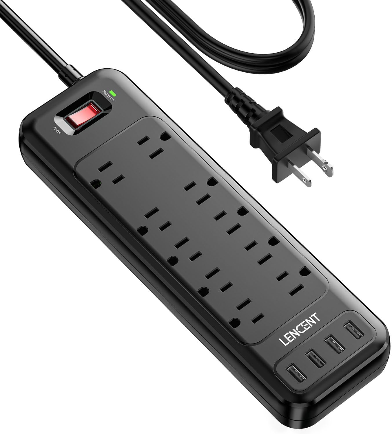 LENCENT Surge Protector Power Strip - 10 AC Outlets & 4 USB