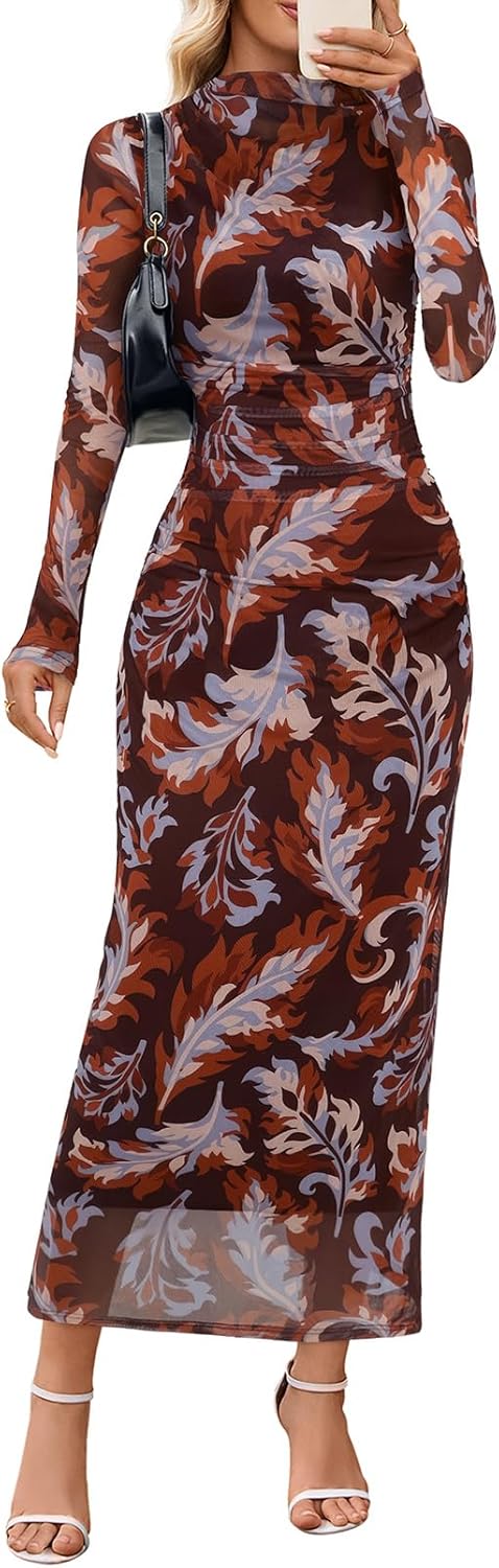 Stylish Bodycon Floral Mesh Maxi Dress for Fall Weddings