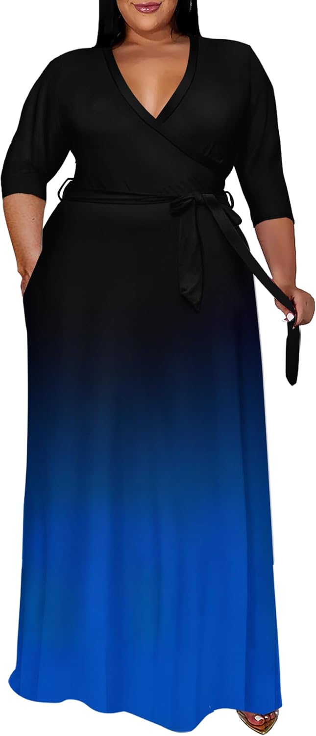 Runwind Plus Size Floral Maxi Dress for Women with Belt